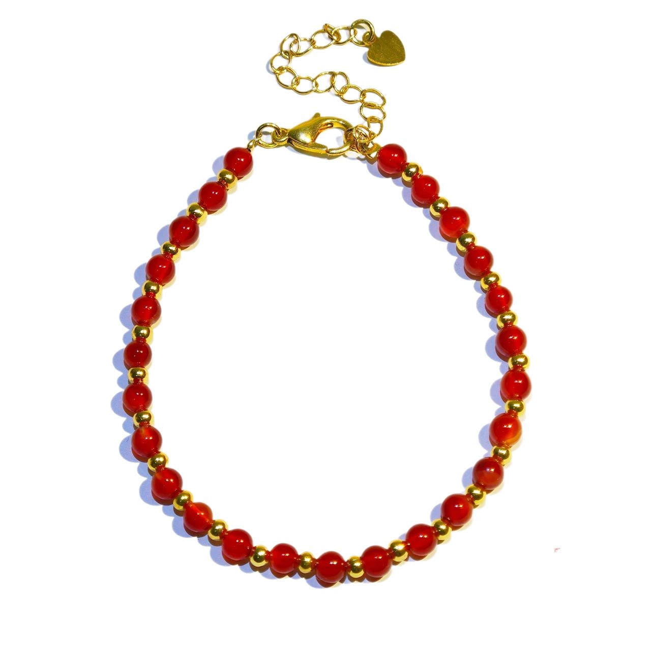 Carnelian bracelet — front view, warm orange carnelian beads on white background