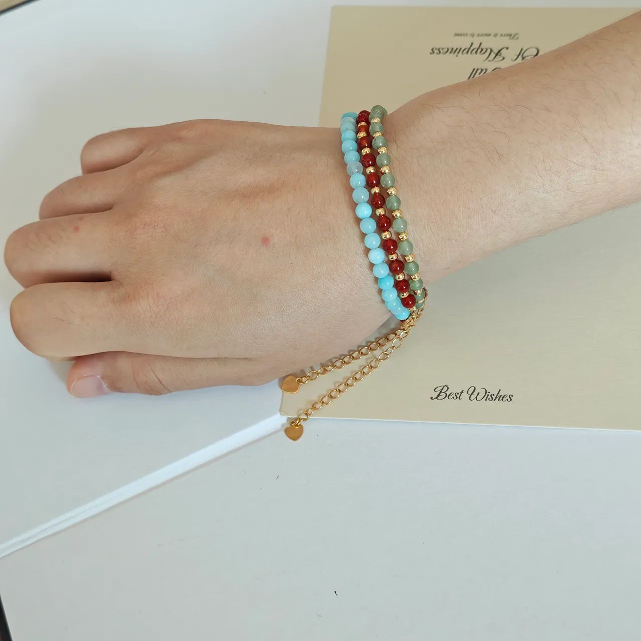 Green Aventurine Bracelet layered with Carnelian Bracelet and Aquamarine Bracelet