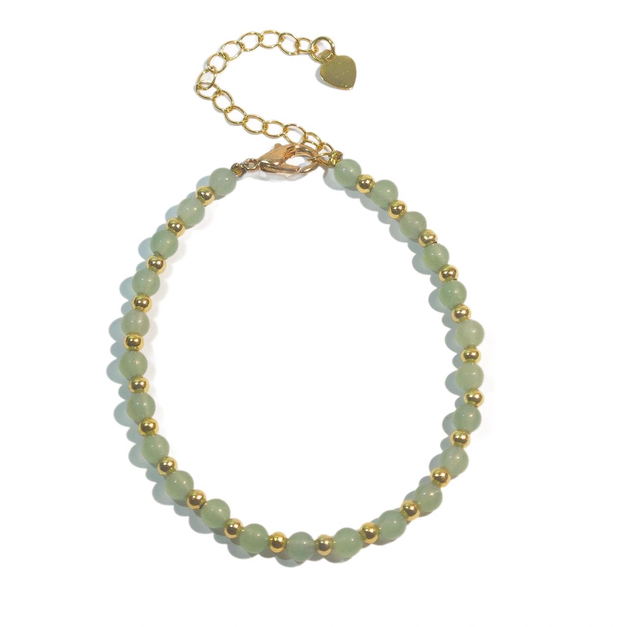 Green Aventurine bracelet — front view, green aventurine beads on white background with lobster clasp and gold accent beads