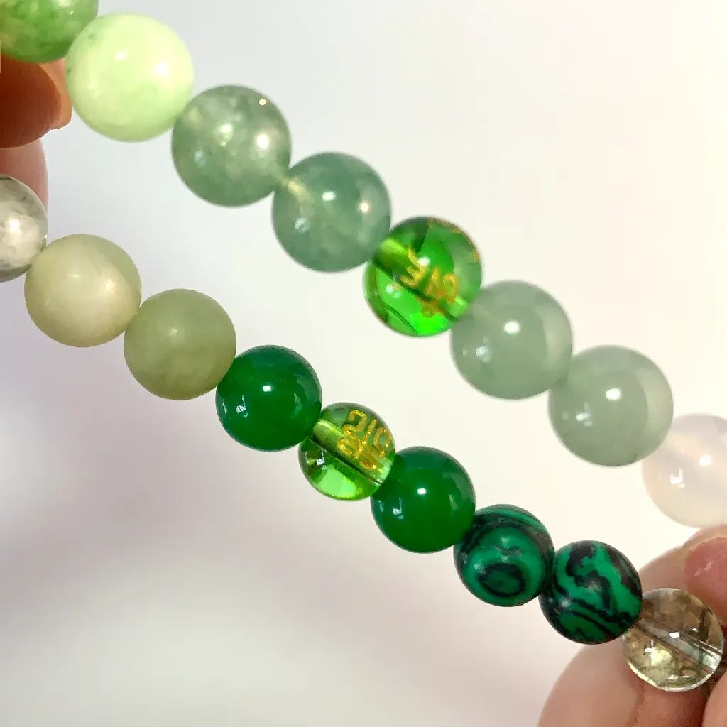Wood Element Bracelet in 8mm natural green crystals on elastic cord