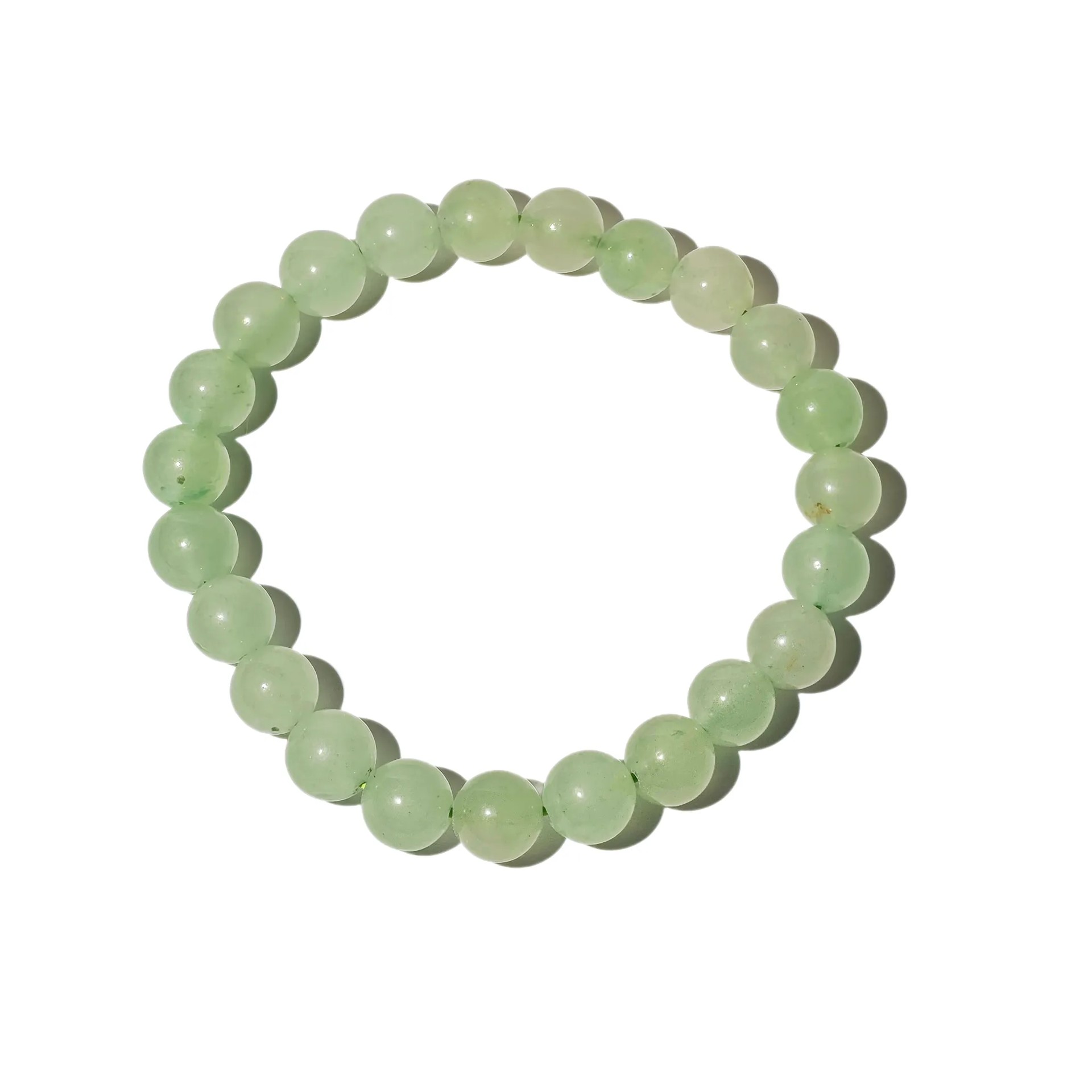 Green Aventurine bracelet — front view, green aventurine beads on white background