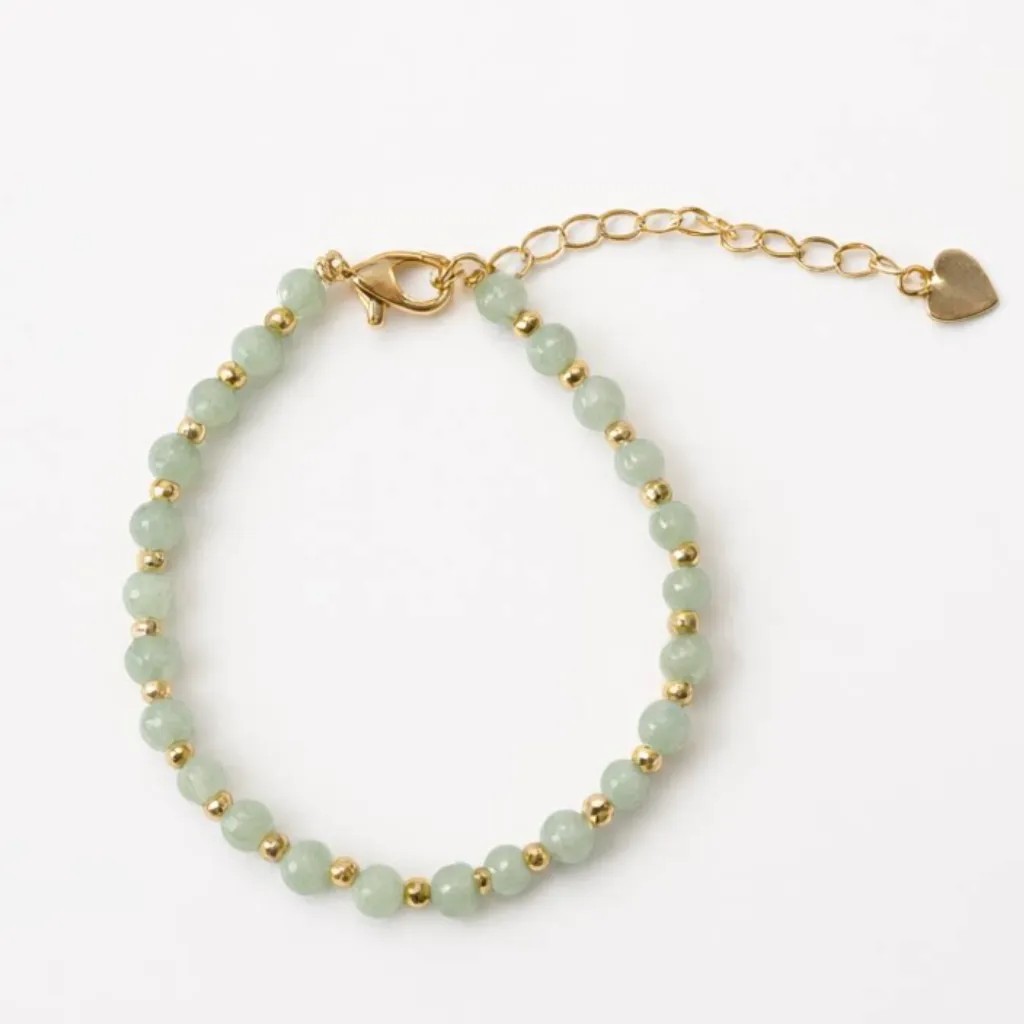Green Aventurine bracelet — front view, green aventurine beads on white background with lobster clasp and gold accent beads