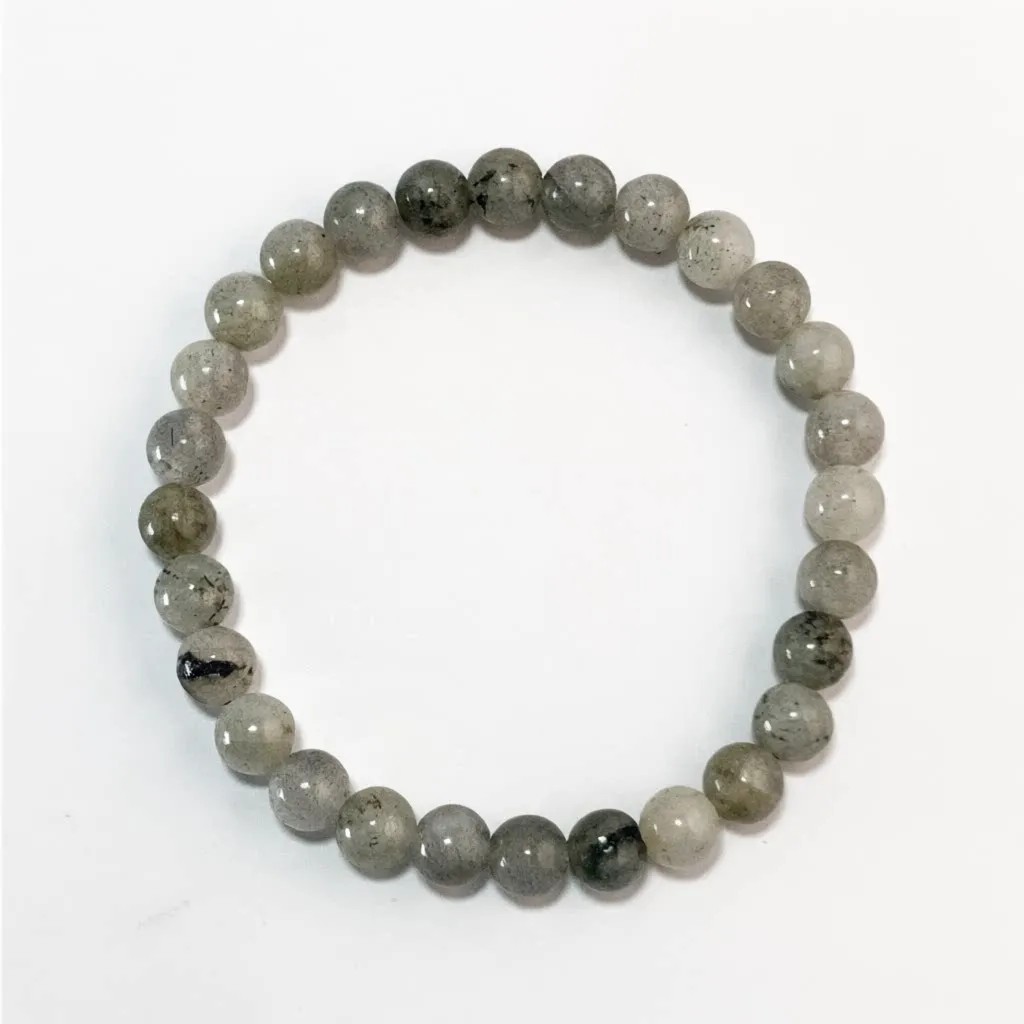 White Flash Stone Bracelet in 6mm natural gray-green beads with dark mineral flecks
