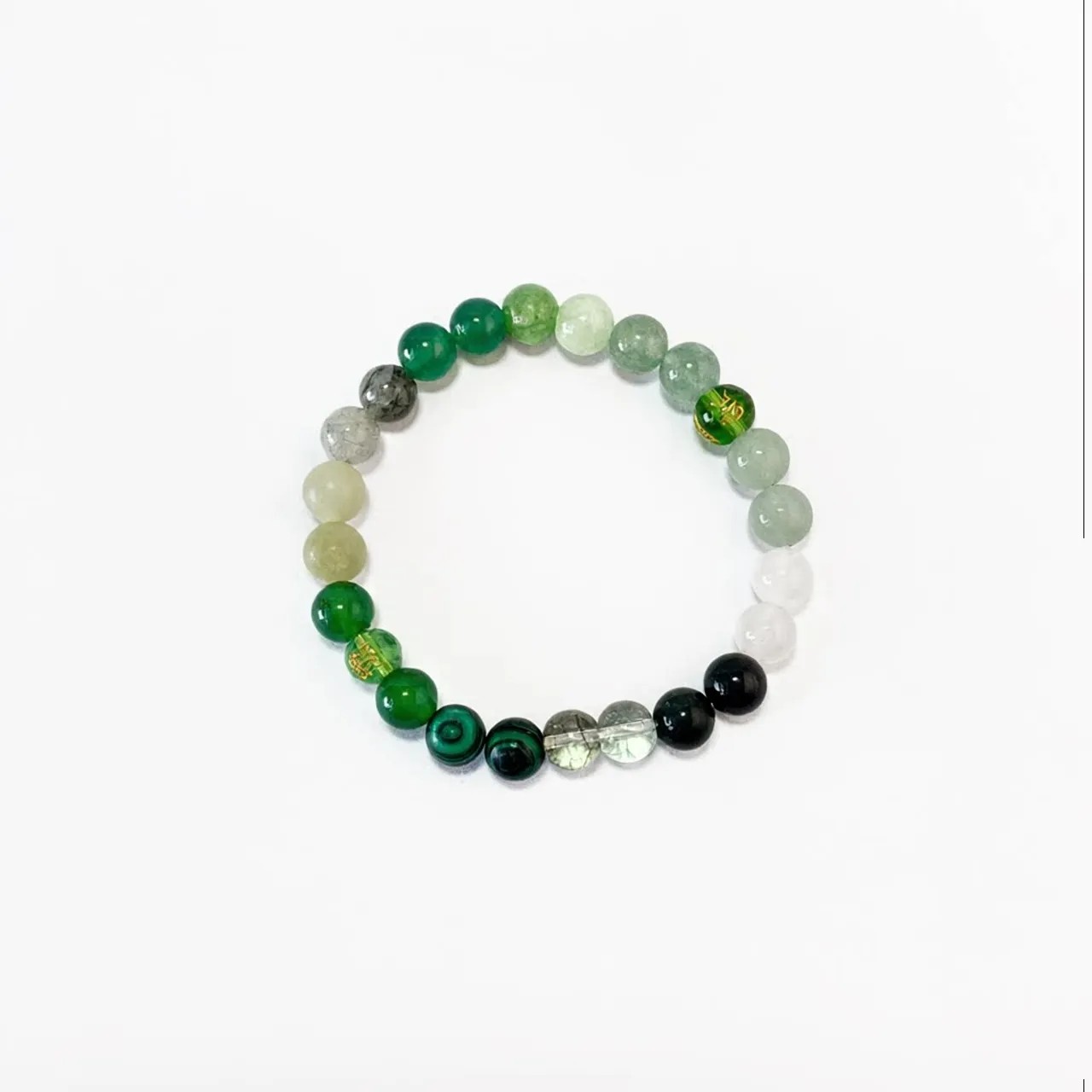 Wood Element Bracelet in 8mm natural green crystals on elastic cord